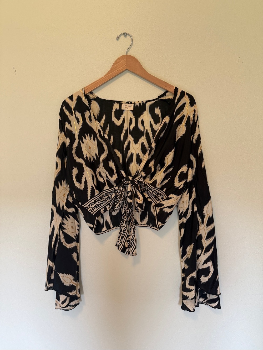 Tie-Front Ikat Print Blouse in Black and Cream